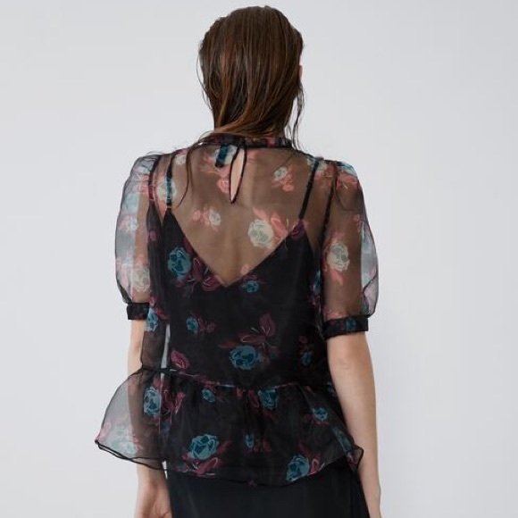 Zara PRINTED ROSE ORGANZA SEMI-SHEER BLOUSE PEPLUM - Picture 7 of 8
